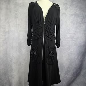 Joseph Ribkoff Dress Womens 10 Black Zip Front Ruched A Line Pockets Midi MOB
